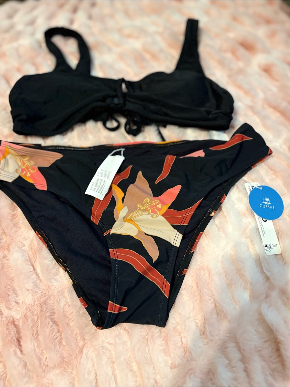 Cupshe Black Floral Bikini Set with Red and Cream Accents